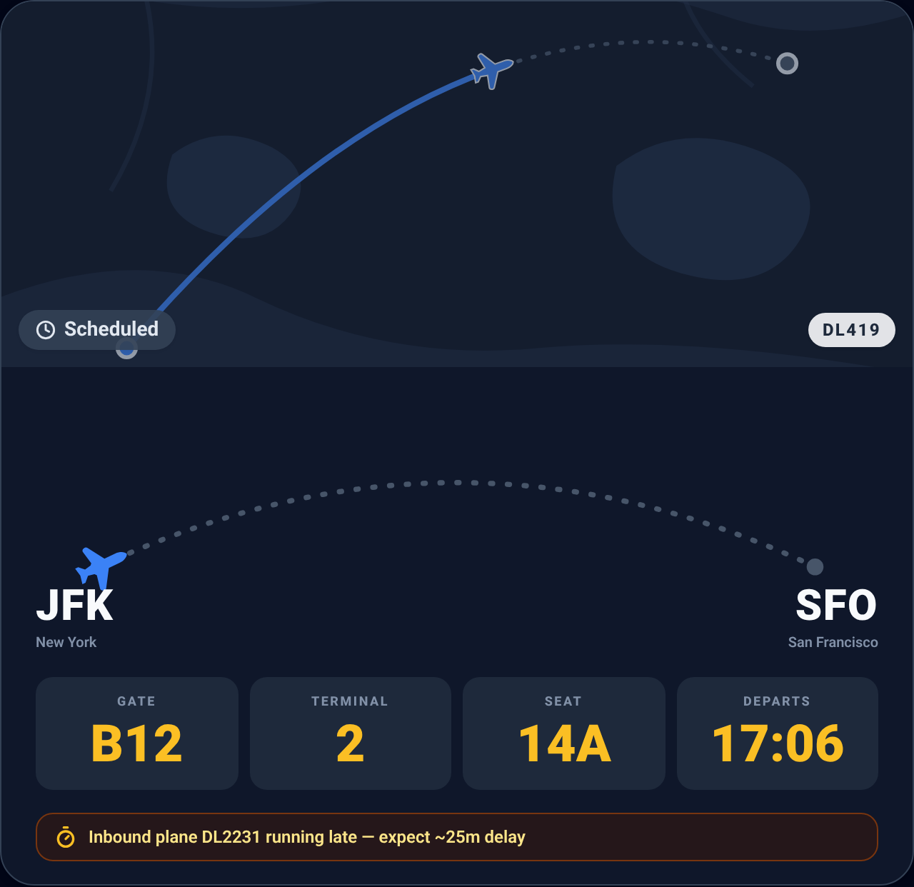 TripsHub flight-day view in dark mode with an amber prediction banner reading: inbound plane DL2231 running late — expect about a 25 minute delay