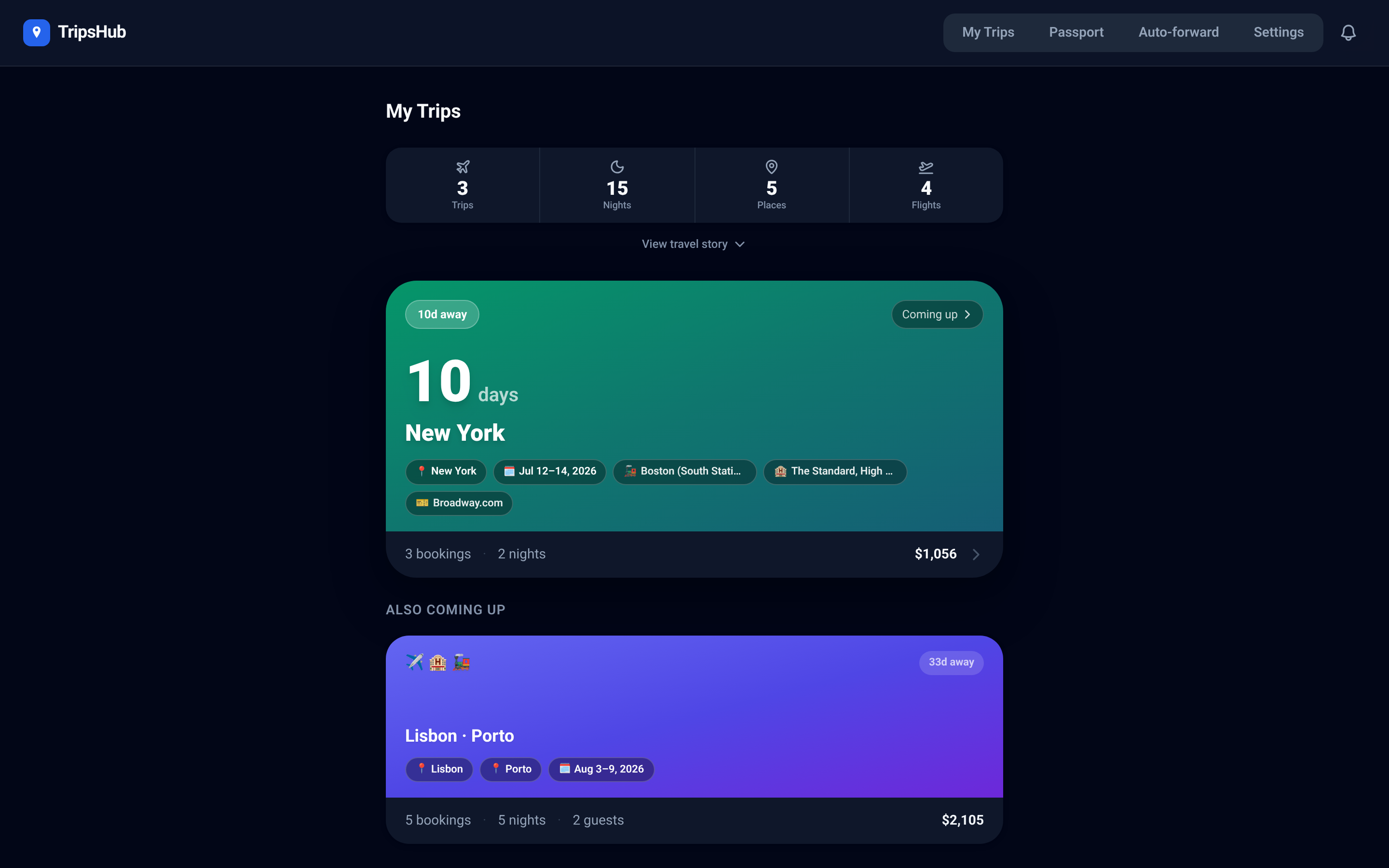 The TripsHub trips screen in dark mode, showing travel stats and upcoming trip cards on a near-black background